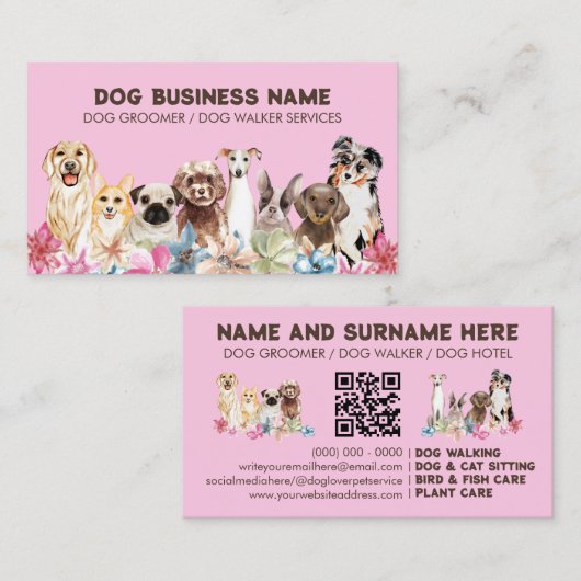 Roze Elegant QR Code Dog grooming Visitekaartje (Voorkant / Achterkant)