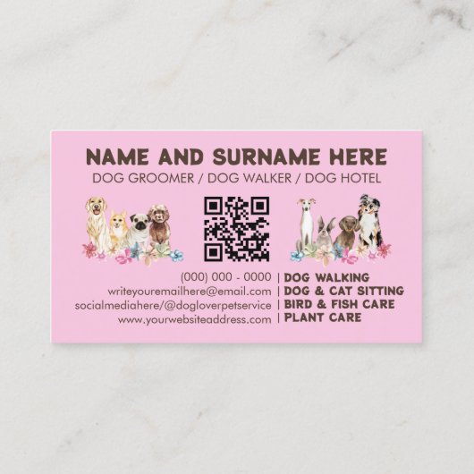 Roze Elegant QR Code Dog grooming Visitekaartje (Achterkant)