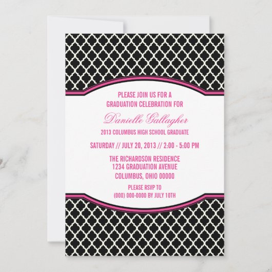 Roze Elegant Quatrefoil Afstuderen Invitation Kaart (Voorkant)