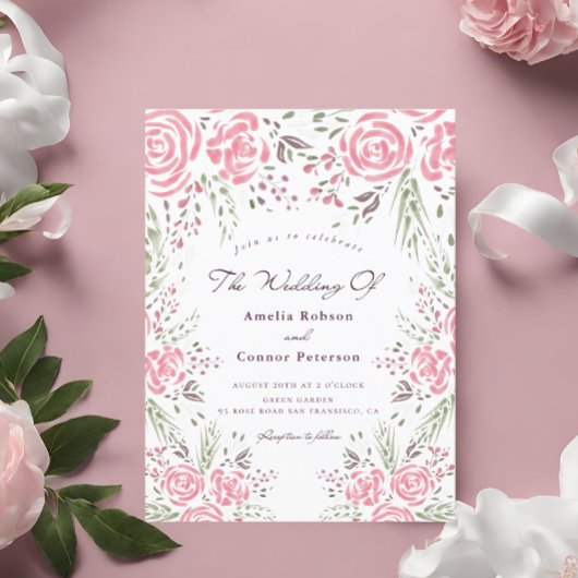 Roze Elegant Roos Romance Waterverf Uitnodiging Briefkaart
