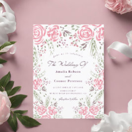 Roze Elegant Roos Romance Waterverf Uitnodiging Briefkaart