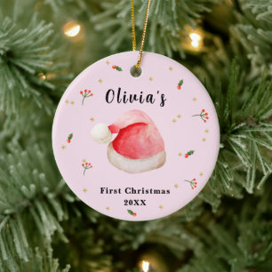Roze Elegant Santa Hat Baby's Eerste Kerstmis Keramisch Ornament