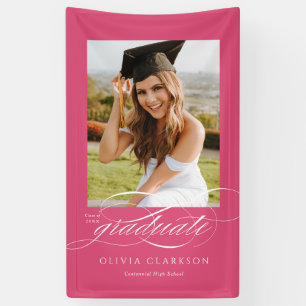 Roze Elegant Script Afstuderen Photo Party Spandoek