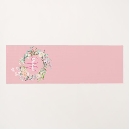 Roze Elegant Script Monogram Rozen Floral Yogamat (Achterkant (horizontaal))
