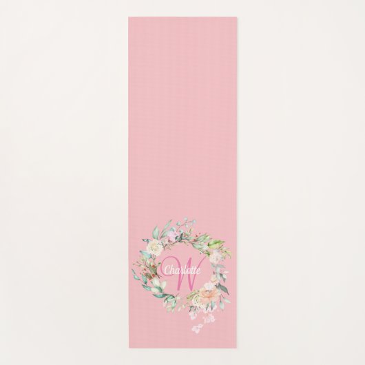 Roze Elegant Script Monogram Rozen Floral Yogamat (Voorkant)