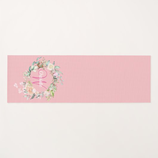 Roze  Elegant Script Monogram Rozen Floral Yogamat (Voorkant (horizontaal))