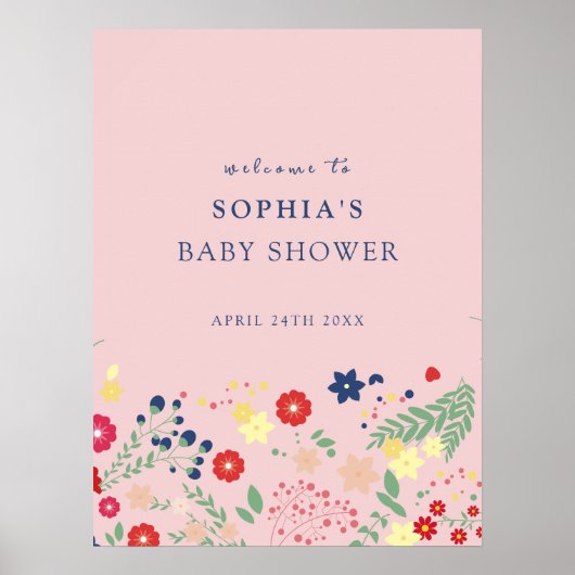 Roze Elegant Wildflower Baby shower Welkom Poster (Voorkant)