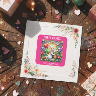 Roze Elegante Art Nouveau Bunny Garden Pasen Vierkante Sticker