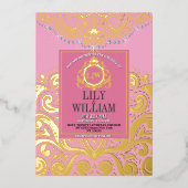 Roze Elegante Artdeco Diamond Monogram Bruiloftsgo Folie Uitnodiging (Voorkant)