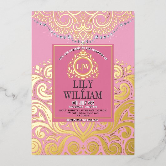 Roze Elegante Artdeco Diamond Monogram Bruiloftsgo Folie Uitnodiging (Voorkant)