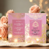 Roze Elegante Artdeco Diamond Monogram Bruiloftsgo Folie Uitnodiging