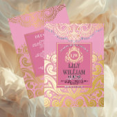 Roze Elegante Artdeco Diamond Monogram Bruiloftsgo Folie Uitnodiging