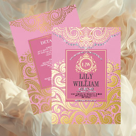 Roze Elegante Artdeco Diamond Monogram Bruiloftsgo Folie Uitnodiging