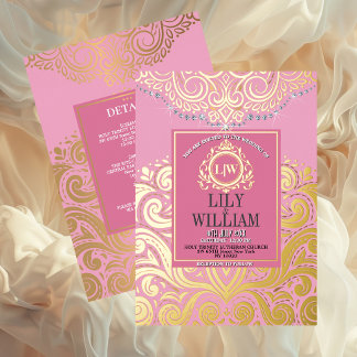 Roze Elegante Artdeco Diamond Monogram Bruiloftsgo Folie Uitnodiging