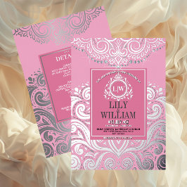 Roze Elegante Artdeco Diamond Monogram Huwelijk Folie Uitnodiging