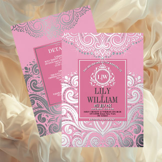 Roze Elegante Artdeco Diamond Monogram Huwelijk Folie Uitnodiging