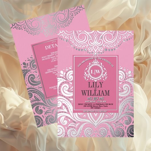 Roze Elegante Artdeco Diamond Monogram Huwelijk Folie Uitnodiging