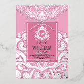 Roze Elegante Artdeco Diamond Monogram Huwelijk Folie Uitnodiging (Voorkant)