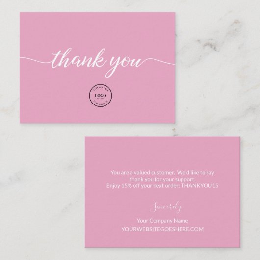 Roze elegante bedrijfslogo bedankscript notitiekaartje (Voorkant / Achterkant)