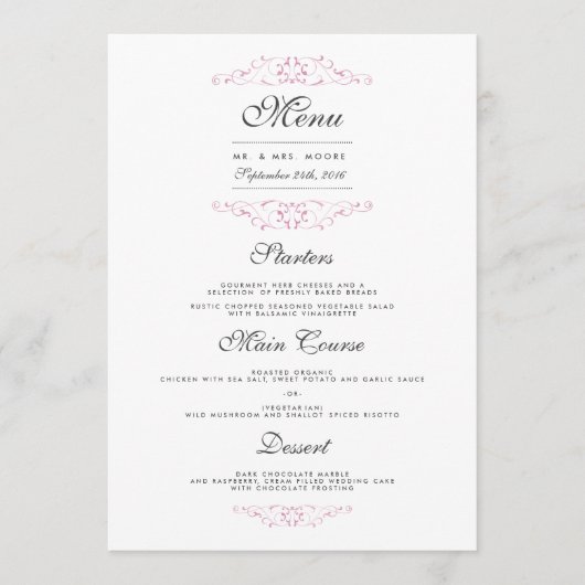 Roze Elegante Bloeiende Trouwdiner Menu (Voorkant)
