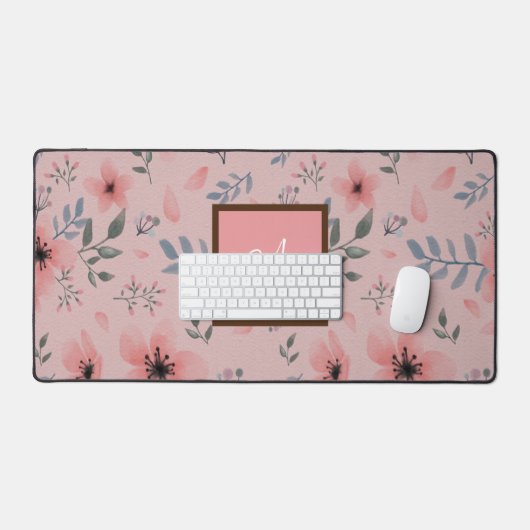 Roze Elegante Bloem Boho Monogram Desk Mat (Keyboard & Muis)