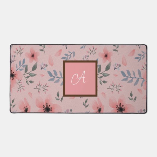 Roze Elegante Bloem Boho Monogram Desk Mat (Voorkant)