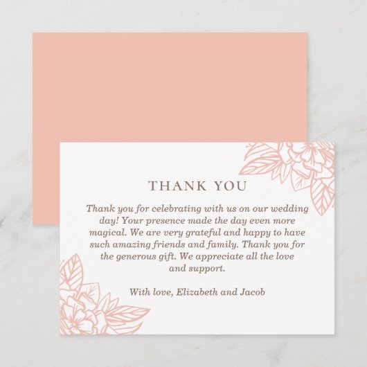 Roze elegante bloemen. Blush eenvoudige bloemenbru Bedankkaart (Voorkant / Achterkant)