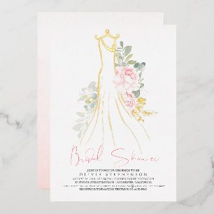 Roze Elegante Bloemen Gouden Groene Bruiloftsdouch Folie Uitnodiging