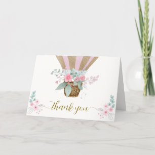 Roze Elegante Bloemen Hete Luchtballon Baby shower Bedankkaart