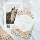 Roze Elegante  Bloemen QR Code Foto Huwelijk Kaart