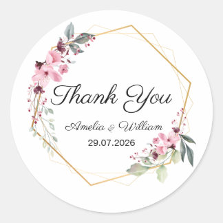 Roze Elegante Bloemige Dankjewelings Huwelijksstic Ronde Sticker