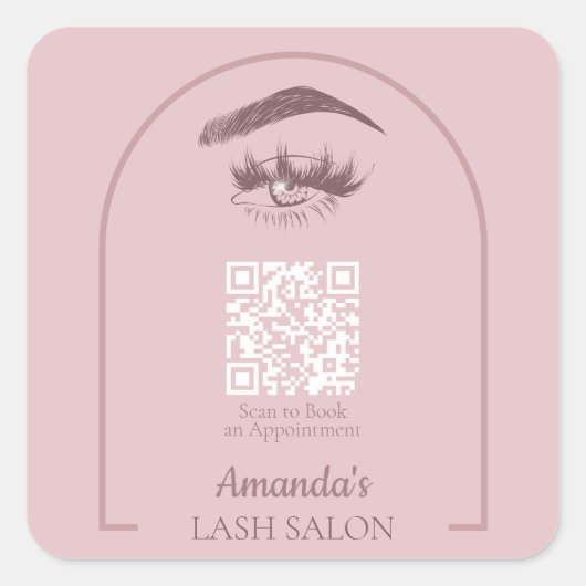 Roze Elegante Boog Schoonheidssalon QR Code Vierkante Sticker (Voorkant)