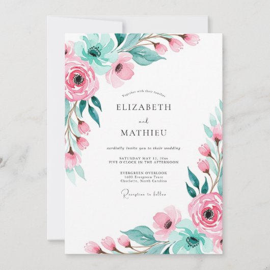 Roze Elegante Botanische Bruiloft Kaart (Voorkant)
