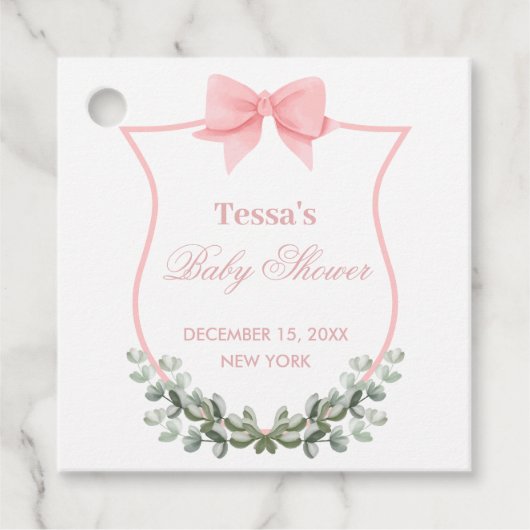 Roze Elegante Bow Eucalyptus Crest Baby shower Bedankjes Labels (Voorkant)