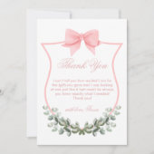Roze Elegante Bow Eucalyptus Crest Baby shower Bedankkaart (Voorkant)