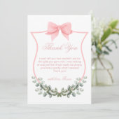 Roze Elegante Bow Eucalyptus Crest Baby shower Bedankkaart (Staand voorkant)