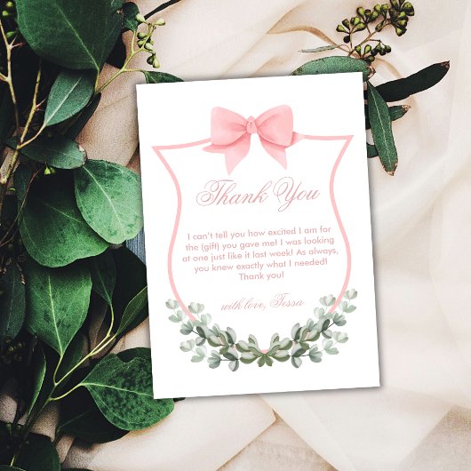 Roze Elegante Bow Eucalyptus Crest Baby shower Bedankkaart