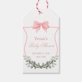 Roze Elegante Bow Eucalyptus Crest Baby shower Cadeaulabel