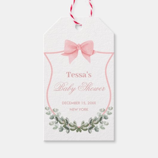 Roze Elegante Bow Eucalyptus Crest Baby shower Cadeaulabel (Voorkant)