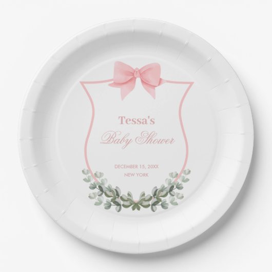 Roze Elegante Bow Eucalyptus Crest Baby shower Papieren Bordje (Voorkant)
