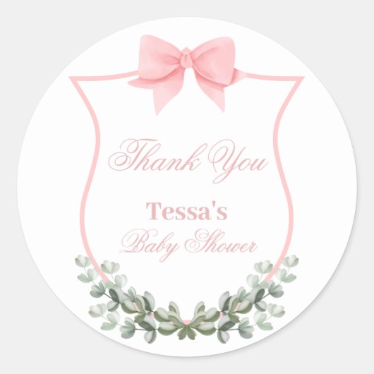 Roze Elegante Bow Eucalyptus Crest Baby shower Ronde Sticker (Voorkant)