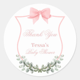 Roze Elegante Bow Eucalyptus Crest Baby shower Ronde Sticker