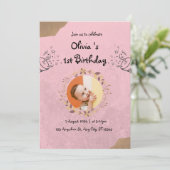 Roze Elegante Cute 1e Verjaardagsfeestje Kaart (Staand voorkant)