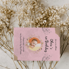 Roze Elegante Cute 1e Verjaardagsfeestje Kaart