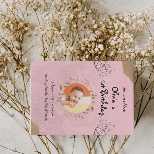 Roze Elegante Cute 1e Verjaardagsfeestje Kaart