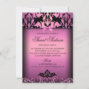 Roze Elegante Damast Sweet Sixteen Feest Uitnodigi Kaart