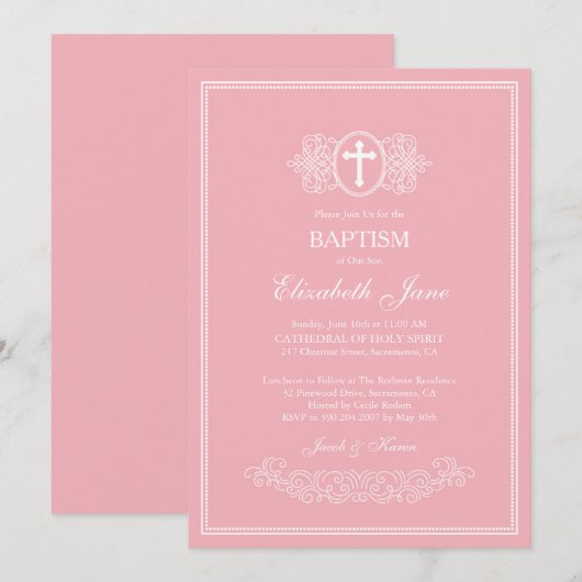 Roze Elegante Doopuitnodiging Kaart (Voorkant / Achterkant)