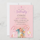 Roze Elegante Eerste 1e Verjaardag Roze Vlinders Kaart (Voorkant)