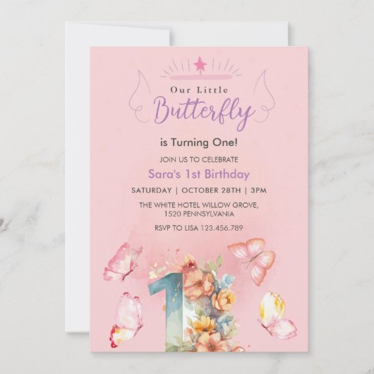 Roze Elegante Eerste 1e Verjaardag Roze Vlinders Kaart (Voorkant)