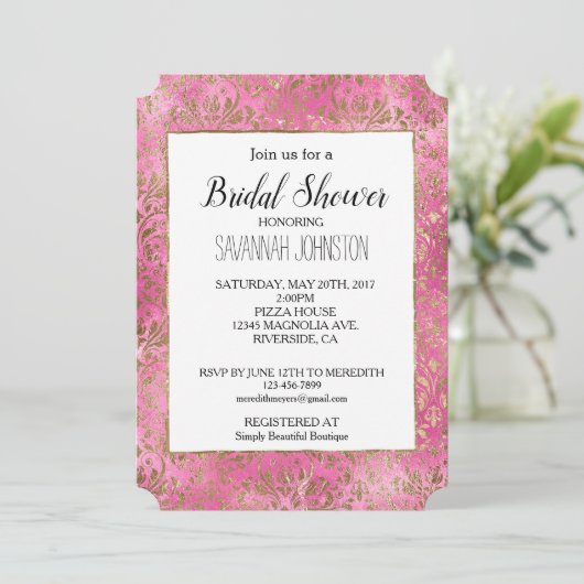 Roze Elegante Gouden Damast Bruidscadeau Kaart (Staand voorkant)